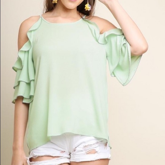 SALE 👀 Green Ruffle Sleeve Cold Shoulder Top - Picture 3 of 5